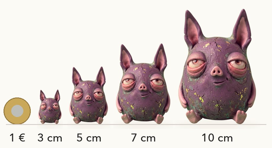 Größenvergleich: Plux in 3, 5, 7 und 10 cm neben einer 1-Euro-Münze