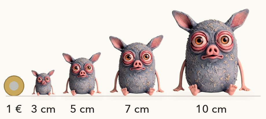 Größenvergleich: Quok in 3, 5, 7 und 10 cm neben einer 1-Euro-Münze