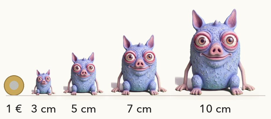 Größenvergleich: Snorp in 3, 5, 7 und 10 cm neben einer 1-Euro-Münze