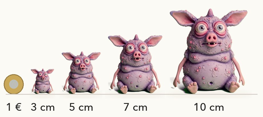 Größenvergleich: Snuk in 3, 5, 7 und 10 cm neben einer 1-Euro-Münze