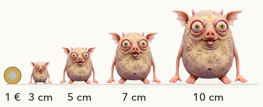 Größenvergleich: Spluk in 3, 5, 7 und 10 cm neben einer 1-Euro-Münze