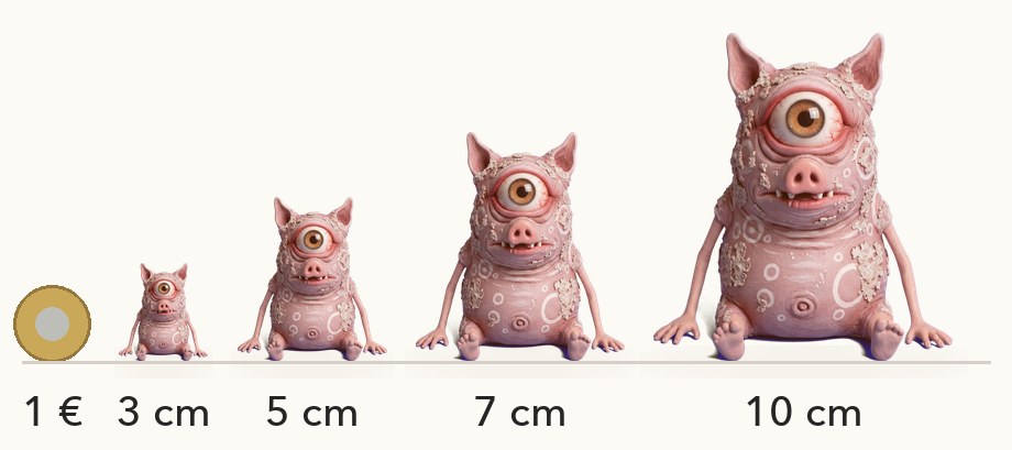Size comparison: Trel at 3, 5, 7 and 10 cm next to a 1-euro coin