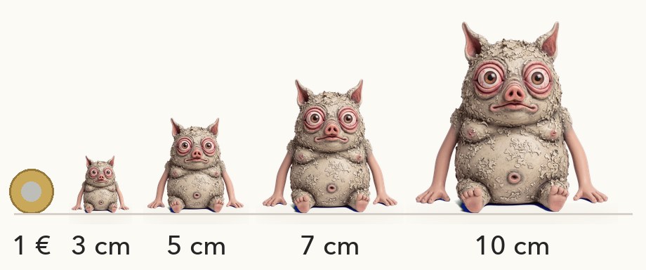 Größenvergleich: Trum in 3, 5, 7 und 10 cm neben einer 1-Euro-Münze