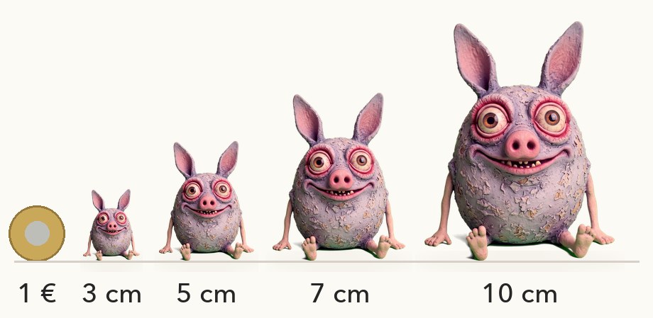 Größenvergleich: Tuki in 3, 5, 7 und 10 cm neben einer 1-Euro-Münze