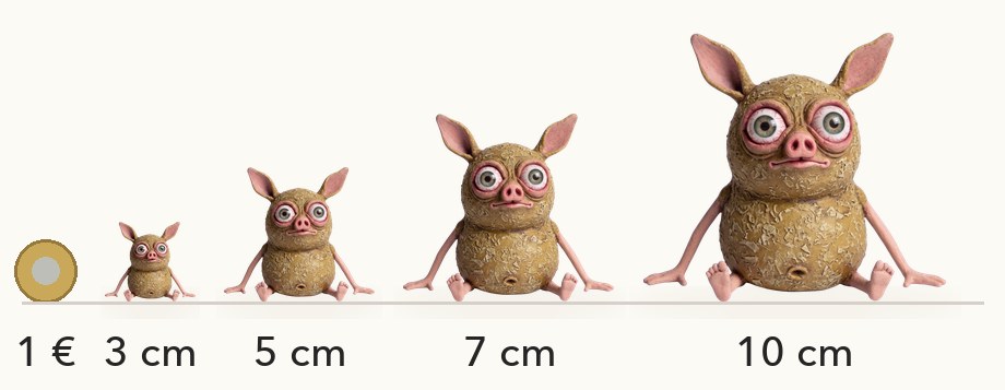Größenvergleich: Vlim in 3, 5, 7 und 10 cm neben einer 1-Euro-Münze