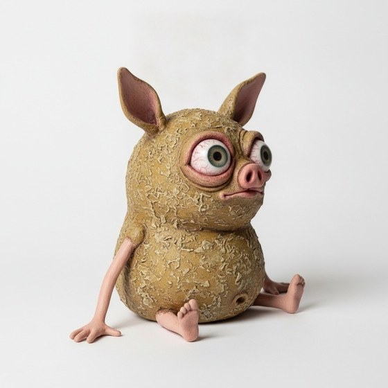 Vlim, sitzende Sammelfigur mit Schweinenase – Ansicht von rechts