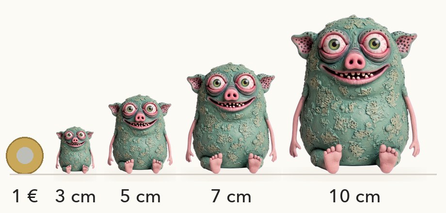 Größenvergleich: Vum in 3, 5, 7 und 10 cm neben einer 1-Euro-Münze