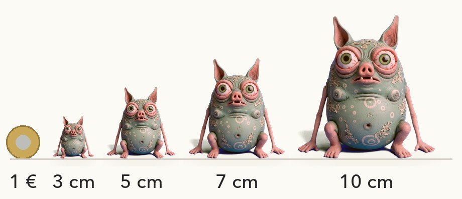 Größenvergleich: Wobl in 3, 5, 7 und 10 cm neben einer 1-Euro-Münze