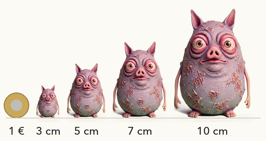 Größenvergleich: Womp in 3, 5, 7 und 10 cm neben einer 1-Euro-Münze