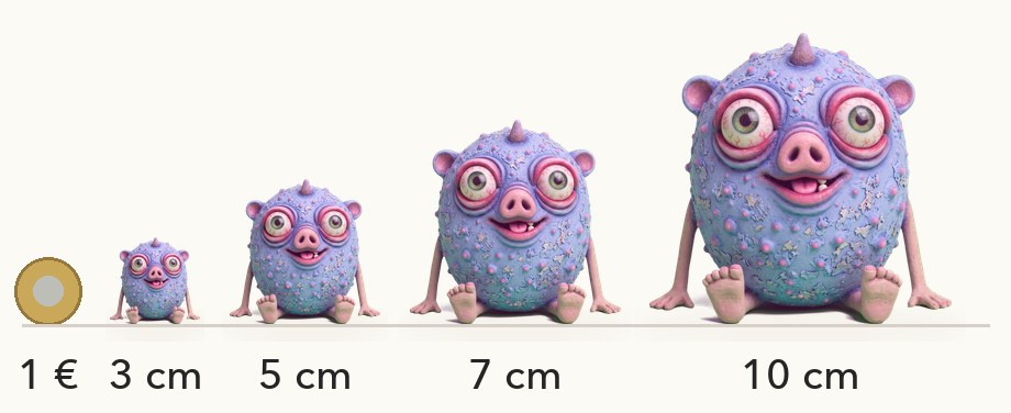 Größenvergleich: Zazz in 3, 5, 7 und 10 cm neben einer 1-Euro-Münze